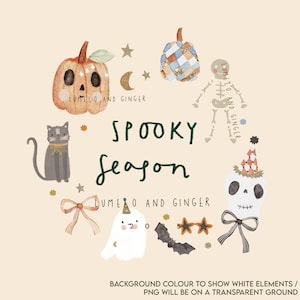 Peut inclure: Illustration sur le thème d'Halloween avec une citrouille, un chat, un fantôme, une chauve-souris et un squelette. L'expression "Spooky Season" est écrite en vert. Étoiles, nœuds et croissant de lune. Le texte "Lumelo and Ginger" est également présent.