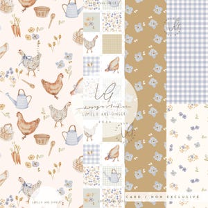 Pode incluir: Uma coleção de padrões em aquarela com galinhas, regadores, cenouras e elementos florais. Os padrões incluem xadrez vichy, florais e designs sólidos em cores pastel suaves. O texto "LUMELO AND GINGER 2026 CARD / NON EXCLUSIVE".