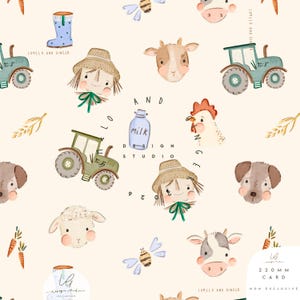 Pode incluir: Um padrão repetido de ilustrações com tema de fazenda em um fundo creme. O design inclui tratores, animais de fazenda, uma garrafa de leite e o texto "LUMELO AND GINGER". O cartão tem 22 cm.