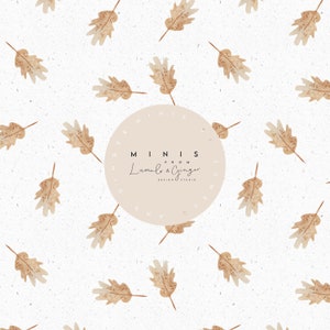 May include: A seamless pattern featuring brown watercolour leaves on a white background. The pattern includes a circular logo with the text "MINIS from Lumio & Ginger DESIGN STUDIO".