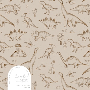 May include: A seamless pattern featuring various dinosaurs in a brown pencil sketch style on a beige background. The pattern includes a variety of dinosaurs, including a stegosaurus, triceratops, and a long-necked dinosaur. The pattern also includes trees, rocks, and a volcano.