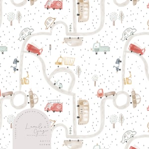 Petite Carte, cars, bus, map, route, school, town little village, Etched, outline Seamless Fabric Design, Repeat Tile, Pattern Lunoe