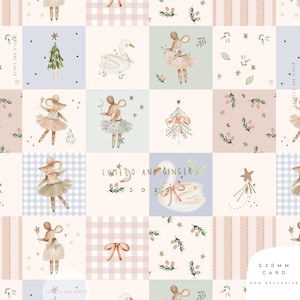 Peut inclure: Un motif fantaisiste avec des carrés illustrant des souris ballerines, des cygnes et des sapins de Noël. Les couleurs sont douces, roses, bleues et vertes. Le texte "LUMELO AND GINGER 2025" est visible.