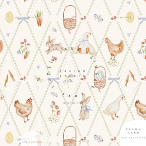 以下が含まれることがあります： イースターをテーマにした水彩イラストの繰り返しパターン。ウサギ、鶏、ガチョウ、バスケット、卵、ニンジン、花、蝶が、ダイヤモンド格子模様のクリーム色の背景に描かれています。