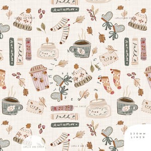 May include: A repeating pattern featuring autumn-themed illustrations. The design includes cozy elements like hats, mittens, socks, coffee cups, candles, and the text "Fall" and "Autumn". The color palette is soft, with beige, brown, and muted tones.