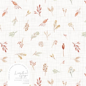 May include: A seamless pattern featuring watercolor illustrations of various foliage in shades of brown, green, and red on a white linen background. The pattern includes small sprigs, leaves, and berries.
