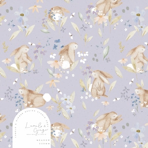 May include: A seamless pattern featuring a light purple background with a repeating design of brown bunnies, white flowers, and green leaves. The pattern is perfect for fabric, wallpaper, or other creative projects.