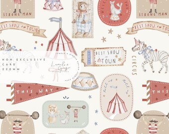 May include: A digital paper pattern featuring a circus theme with illustrations of a strongman, a zebra, a bear, a tent, and a ticket. The pattern is in shades of red, blue, white, and brown. The text "Best Show in Town" and "This Way" are included in the pattern.