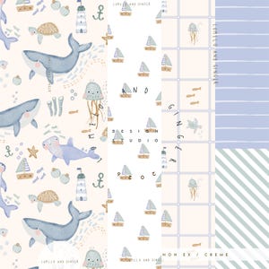 May include: A collection of nautical-themed patterns featuring whales, sailboats, jellyfish, and turtles in soft blue and cream colors. The patterns include stripes, grids, and repeating illustrations, with the text "LUMILO AND GINGER" and "DESIGN STUDIO".