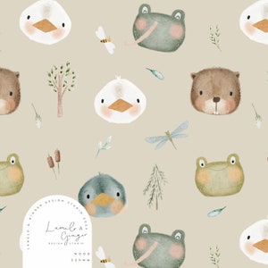 May include: A seamless pattern featuring watercolor illustrations of various animals, including frogs, ducks, and a beaver. The background is a light beige color, and the pattern is perfect for fabric, wallpaper, or other creative projects.