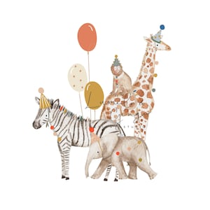 Könnte beinhalten: Eine Aquarell-Illustration eines Zebras, einer Giraffe, eines Elefanten und eines Affen, die Partyhüte tragen und von Ballons umgeben sind. Die Tiere lächeln alle und scheinen einen Geburtstag zu feiern.