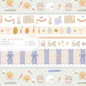 Pode incluir: Um conjunto de cinco fitas washi estampadas com ilustrações com tema de Páscoa. As fitas incluem coelhos, pintinhos, cenouras, ovos, borboletas e o texto "This Way". As fitas têm 220 mm de largura e não são exclusivas.