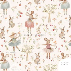Puede incluir: Un diseño de tela caprichoso con ratones bailarines en tutús, conejos, pájaros, setas y elementos florales. El diseño incluye el texto "LUMILO AND GINGER" y "220 MM FANCY" sobre un fondo crema.