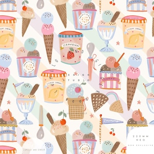 May include: A whimsical pattern featuring various ice cream treats. Cones, sundaes, and cups of ice cream in pastel colors are scattered across a striped background. Some containers have text that reads "Lemon Sorbet", "Strawberry", and "Traditional Ice Cream".
