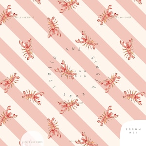 May include: A repeating pattern of watercolor lobsters in shades of red and orange on a cream and pink striped background. The design includes the text "LUMLLO AND GINGER DESIGN STUDIO 2025" and "200MM NET".