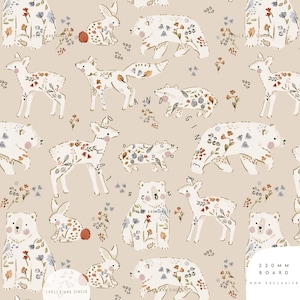 May include: Beige fabric featuring a repeating pattern of woodland animals, including bears, deer, foxes, and rabbits. The animals are decorated with floral patterns in shades of red, blue, and orange. The text "LUMILO AND GINGER" is visible.