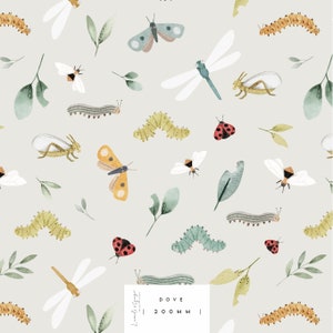May include: A seamless pattern featuring a variety of insects and plants in a watercolour style. The pattern includes butterflies, ladybirds, caterpillars, dragonflies, and leaves in shades of green, red, yellow, and blue. The pattern is set against a light grey background. The text "Dove 200mm" is included in the pattern.