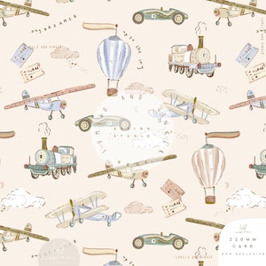 May include: A whimsical pattern featuring vintage airplanes, hot air balloons, race cars, and trains in soft pastel colors. The design includes the text "Day Dreamer", "Up to the sky", and "Lumilo and Ginger". The overall theme is travel and adventure.