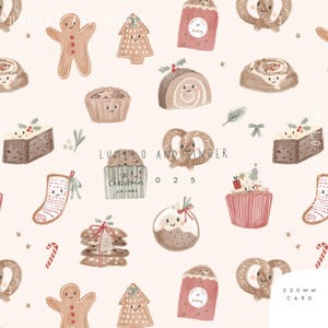 Puede incluir: Patrón repetitivo de productos horneados y dulces con temática navideña. El diseño incluye hombres de jengibre, árboles de Navidad, cupcakes, pretzels y rebanadas de pastel, todo en una paleta de colores cálidos. El texto "Christmas Crumbs" es visible en una magdalena.