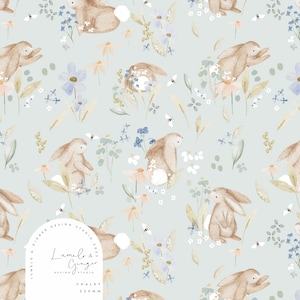 Floor, Rabbits, meadow, spring, bunny, garden, floral, Seamless Fabric Design, Repeat Tile, Pattern Lunoe