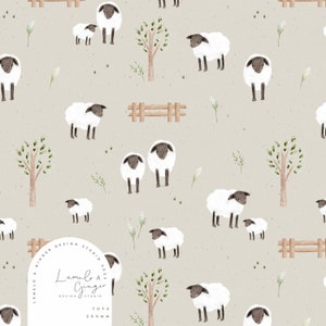 May include: A seamless pattern featuring white sheep with black faces and hooves, green trees, and brown fences on a light beige background. The pattern is repeated throughout the image.
