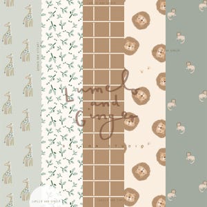 Könnte beinhalten: Eine Sammlung nahtloser Muster mit Giraffen, Blättern, einem Gitter, Löwengesichtern und Löwenjungen. Die Farbpalette umfasst Grün-, Braun- und Beigetöne. Der Text "LUMILO AND GINGER DESIGN STUDIO" ist sichtbar.