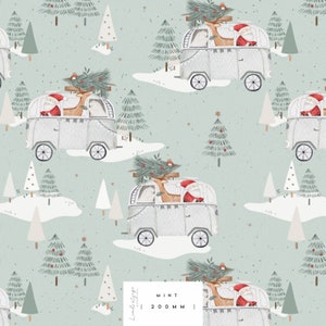 May include: A mint green seamless pattern featuring a white van with a Christmas tree on top, a reindeer, and Santa Claus. The van is driving through a snowy forest with small pine trees. The pattern is repeated throughout the image.