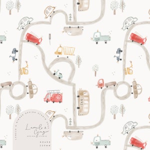 Petite Carte, cars, bus, map, route, school, town little village, Etched, outline Seamless Fabric Design, Repeat Tile, Pattern Lunoe