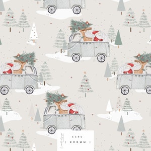 May include: A seamless pattern featuring a vintage van with Santa Claus, a reindeer, and a Christmas tree on top. The van is driving through a snowy forest with other Christmas trees. The background is a light grey colour with white stars.