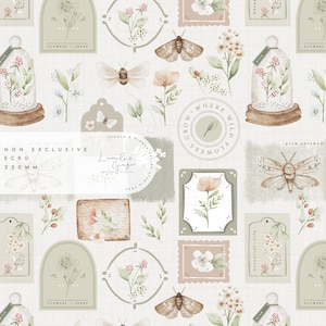 Könnte beinhalten: Ein nahtloses Muster mit Aquarell-Illustrationen von Blumen, Schmetterlingen und botanischen Elementen. Das Muster enthält verschiedene Etiketten und Tags mit Text wie "Grow Wild Flowers" und "Flowers // Seeds". Der Hintergrund ist hellcremefarben.