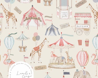 May include: A whimsical illustration featuring a circus theme with a carousel, a popcorn cart, a giraffe, an elephant, a pink flamingo, a striped tent, and a sign that says "Tickets for Sale".