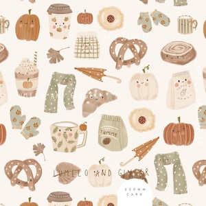Peut inclure: Un motif sans couture composé de diverses illustrations sur le thème de l'automne, notamment des citrouilles, des tasses à café, des bretzels, des écharpes et des parapluies. Les illustrations sont dessinées dans un style fantaisiste avec des couleurs douces et un fond blanc. Le texte "Lumelo and Ginger" et "220mm Card" sont également inclus dans le motif.