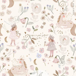 May include: A repeating pattern on a cream background featuring illustrations of winged horses, swans, ducklings, and children wearing crowns and holding wands. The design includes pink and white flowers, stars, and moons, with the text Lumelo and Ginger 2026.