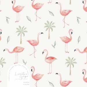 May include: A seamless pattern featuring pink flamingos, palm trees, and green leaves on a white background. The pattern is perfect for adding a tropical touch to any project.