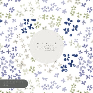 May include: A white background with a repeating pattern of small blue, purple, and green flowers. In the center of the image is a white circle with the text "MINIS FROM Lumi & Ginger DESIGN STUDIO". At the bottom of the image is the text "SUNDAY MORNING DELL".
