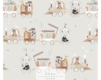 May include: Watercolor illustration of a repeating pattern featuring a train with animal passengers. The train cars are beige and brown, with animals like bears, giraffes, and pandas. The background is a light beige color. The text "ECRU" and "180 MM" are visible.
