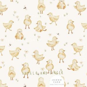 May include: A seamless pattern featuring watercolor illustrations of yellow chicks on a white background. The chicks are in various poses, some are standing, some are sitting, and some are walking. There are also small green grass blades and white flowers scattered throughout the pattern. The text "Lumelo and Ginger 220mm Card Non Exclusive" is at the bottom of the pattern.