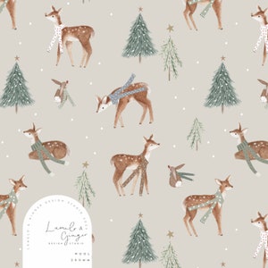May include: A seamless pattern featuring a beige background with a repeating design of brown and white spotted deer wearing scarves, green pine trees with white snow, and gold stars. The text "Lumelo & Ginger Design Studio 2023" is in a white circle with a black outline.