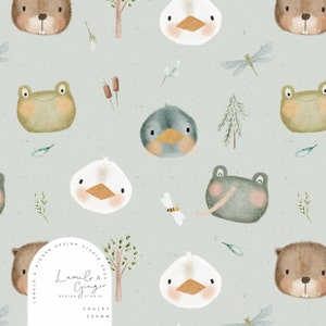 May include: A seamless pattern featuring a variety of woodland creatures, including a beaver, a frog, a duck, and a penguin. The background is a light blue with a subtle texture. The pattern is perfect for fabric, wallpaper, or other creative projects.
