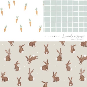 May include: A digital paper pack with two seamless patterns. The first pattern features a white background with brown carrots. The second pattern features a light brown background with brown bunnies.