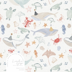 May include: A whimsical party hat design featuring a blue whale wearing a party hat, surrounded by sea creatures like starfish, seahorses, crabs, and stingrays. The design is on a white background with a subtle texture.