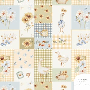 May include: A patchwork design with watercolour illustrations of sunflowers, daisies, geese, watering cans, and gardening gloves. The colour palette includes soft yellows, blues, and greens, with gingham and floral patterns. The text "MELO & GINGER 2025" is visible.