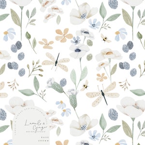 May include: A seamless pattern featuring watercolor illustrations of white flowers, dragonflies, bees, and leaves in shades of blue, green, and beige. The pattern is set against a white background. The text "Lumelo & Ginger Design Studio 2023" appears in a circle at the bottom of the pattern.