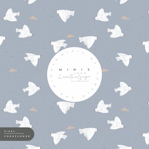 May include: A seamless pattern featuring white birds flying against a light blue background. The pattern includes a circular logo with the text "MINIS from Lumelo & Ginger DESIGN STUDIO" and the words "Designed by Lumelo & Ginger".