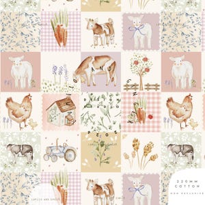 Peut inclure: Un tissu à motifs avec des animaux de la ferme, des légumes et des motifs floraux. Les carrés comprennent des illustrations de vaches, de moutons, de poulets, de carottes et d'un tracteur. Les couleurs sont douces, avec des roses, verts et crèmes pastel.
