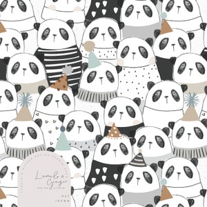 May include: A black and white illustration of a group of pandas wearing party hats. The illustration is on a white background and includes the text "Lumel & Ginger Design Studio 2021 Hat 150 MM".