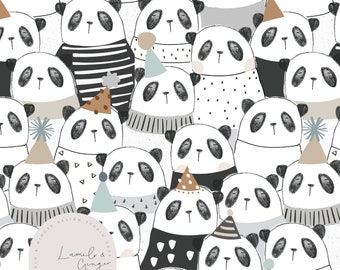 May include: A black and white illustration of a group of pandas wearing party hats. The illustration is on a white background and includes the text "Lumel & Ginger Design Studio 2021 Hat 150 MM".