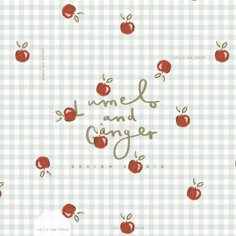 May include: A repeating pattern of red apples with green leaves scattered on a light green and white checkered background. The text "Lumelo and Ginger Design Studio" is also present in the image.