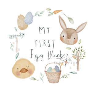 May include: A watercolour illustration with the text "MY FIRST Egg Hunt". The image features a bunny, chick, Easter eggs, a basket, a sign that says "THIS WAY", and a carrot, all arranged in a circular design.