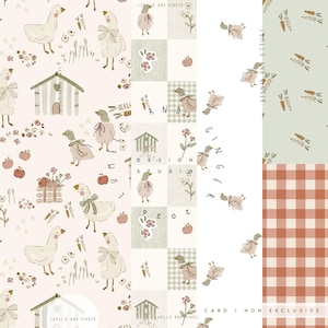 May include: Various fabric designs with illustrations of geese, carrots, apples, and floral elements. The designs include a light pink background with geese, a patchwork design with geese and flowers, and a checkered pattern. Text includes "LUMELO AND GINGER".